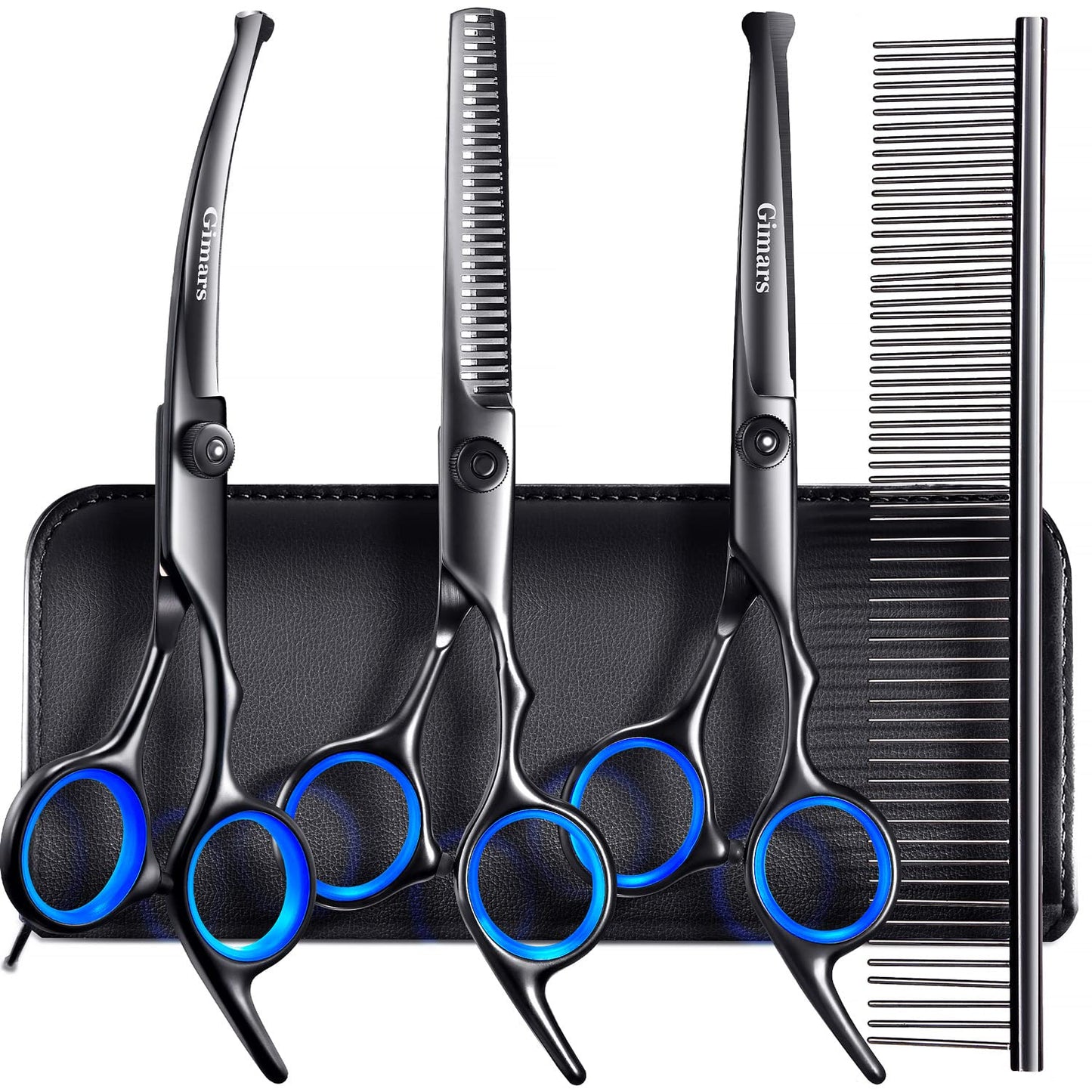 Gimars Dog Grooming Scissors Kit Professional 4CR with Safety Round Tip, 5 in 1 Heavy Duty Titanium Coated Thinning & Curved & Straight Shears