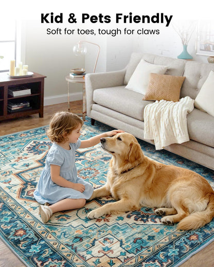 Mueinxiei Washable Vintage Area Rugs 9x12 Large Medallion Pattern Rugs, Non Slip Water Repellent Low Pile Carpet for Living Room Bedroom Dining Room Gemstone Blue