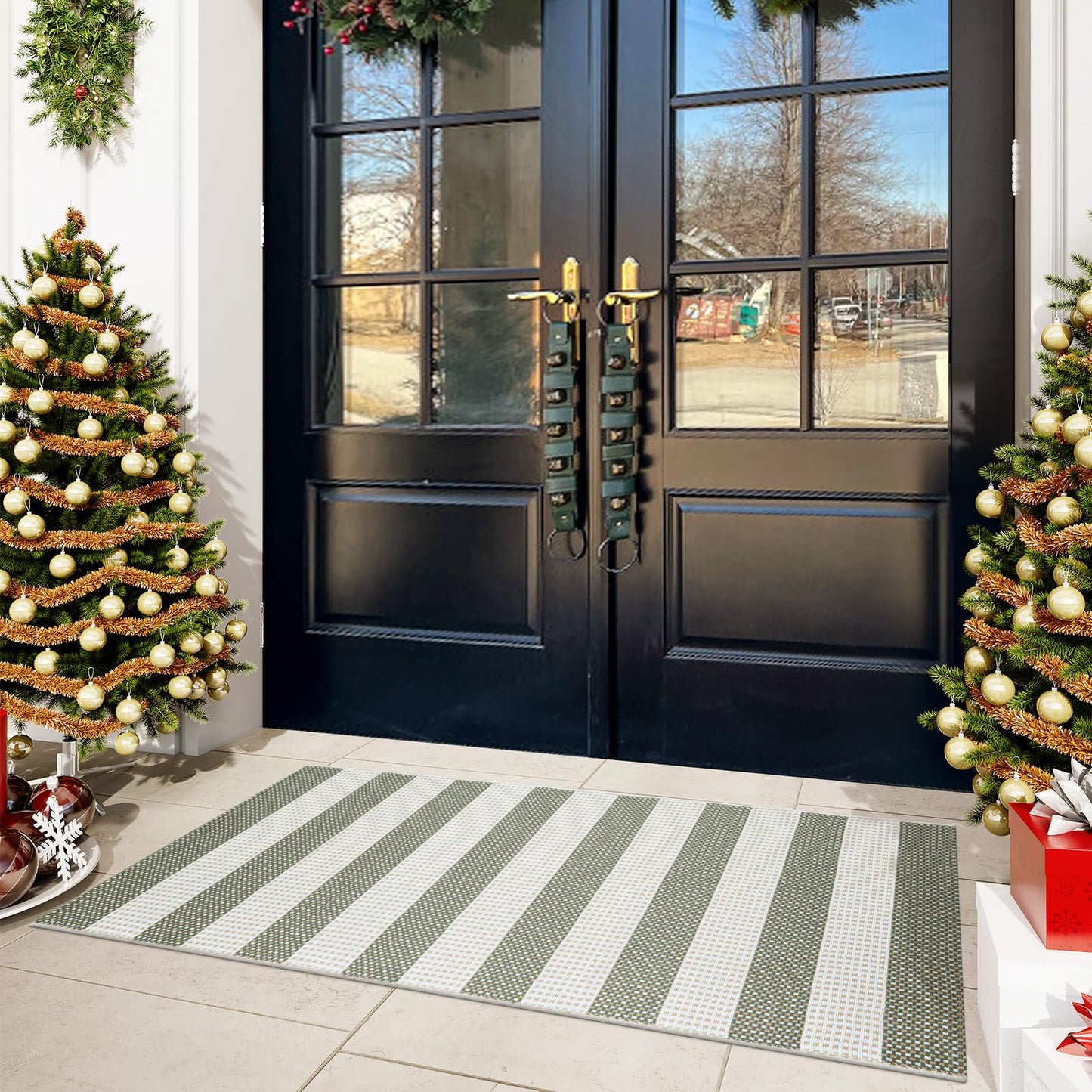 OJIA Striped Rug 24"x51" Washable Front Door Mat Outdoor Doormat Woven Entry Rug Cotton Indoor Outdoor Rug Small Checkered Rugs for Porch Kitchen Entryway Patio Bathroom (Green/White/Tan)