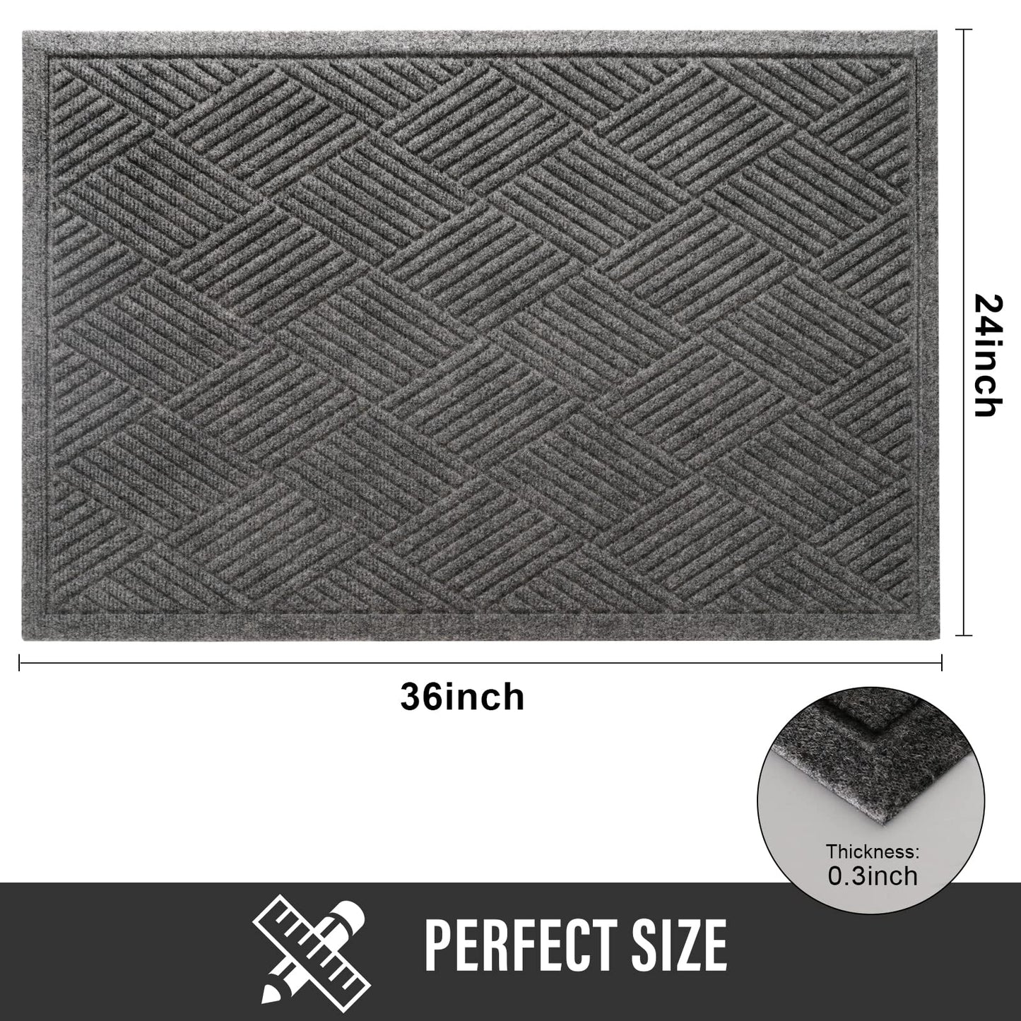HIYARD Sturdy Front Door Mat, Absorbent Muddy Dirt Resist Welcome Door Mats Outdoor Indoor, Stain and Fade Resistant, Non-Slip Rubber Backing Low Profile Doormat for Entryway, 36×24, Grey