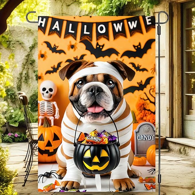 Halloween Dog Garden Flag12x18 Double Sided Vertical Flag Mummy Bulldog Garden Flag for Outside Fall Halloween Decorative Flag Halloween Seasonal Holiday Yard Patio Garden Banner
