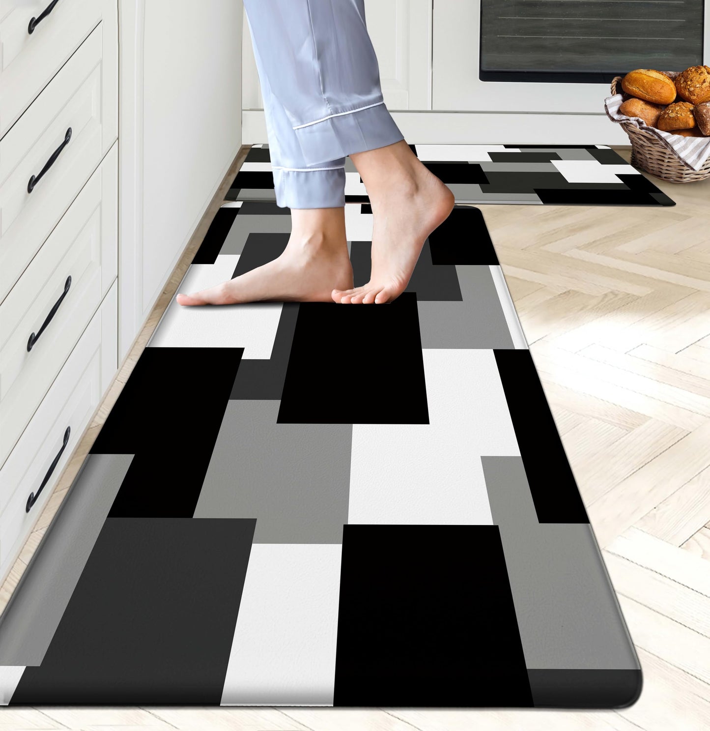 Tyrot Black Grey Kitchen Rugs Set of 2 Cushioned Anti Fatigue Kitchen Mats for Floor Non-Slip Waterproof Kitchen Floor Mats Geometric Ergonomic Cushioned Comfort Standing Mat for Laundry, Office, Sink