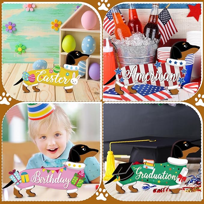 Barydat 16 Pcs Seasonal Dachshund Dog Welcome Sign Lovely Interchangeable Front Door Decoration, Wooden Rustic Holiday Door Wall Decor for Independence Day Summer Fourth of July Decoration(Dog)