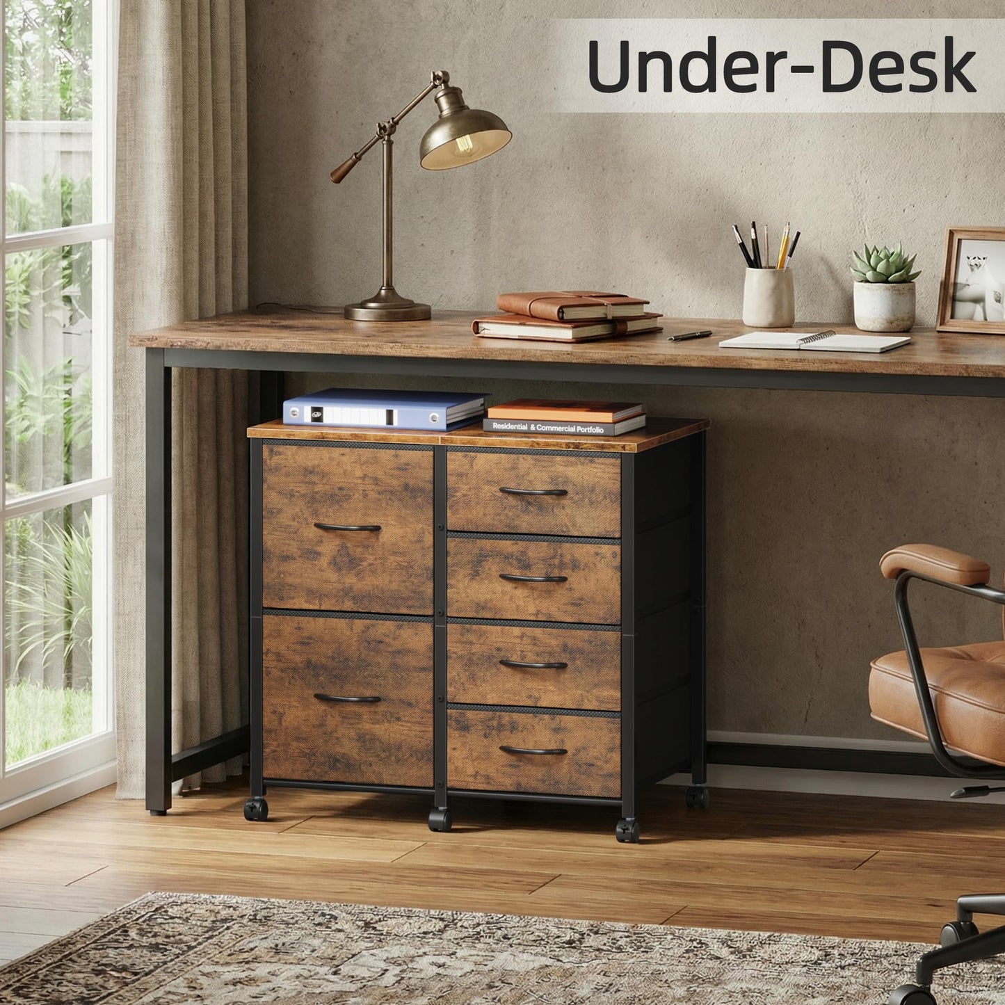 HIGDBFE 6 Drawer Mobile Lateral File Cabinet, Rolling Printer Stand, Under Desk Filing Cabinet Fits A4 Files, Home Office Storage Fabric Cabinet, 2X Space, Rustic Brown, 23''