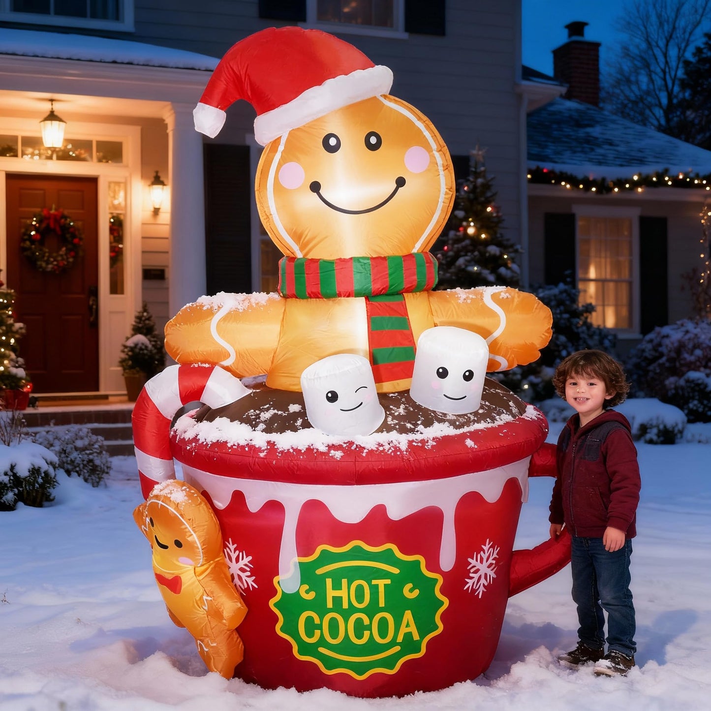 ZPISF 6 FT Christmas Inflatables Outdoor Decorations, Cute Christmas Blow Up Yard Decorations Gingerbread Man in Hot Cocoa Mug Scene for Garden Lawn Xmas Decor