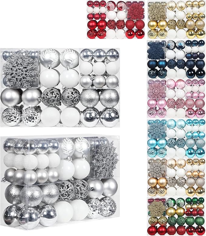 SY CRAFT 86 Pieces of Assorted Shatterproof Christmas Ball Snowflake Ornaments Seasonal Decorative Hanging Ornament Set with Hand-held Gift Package for Xmas Tree Decorations (86PCS, Silver)