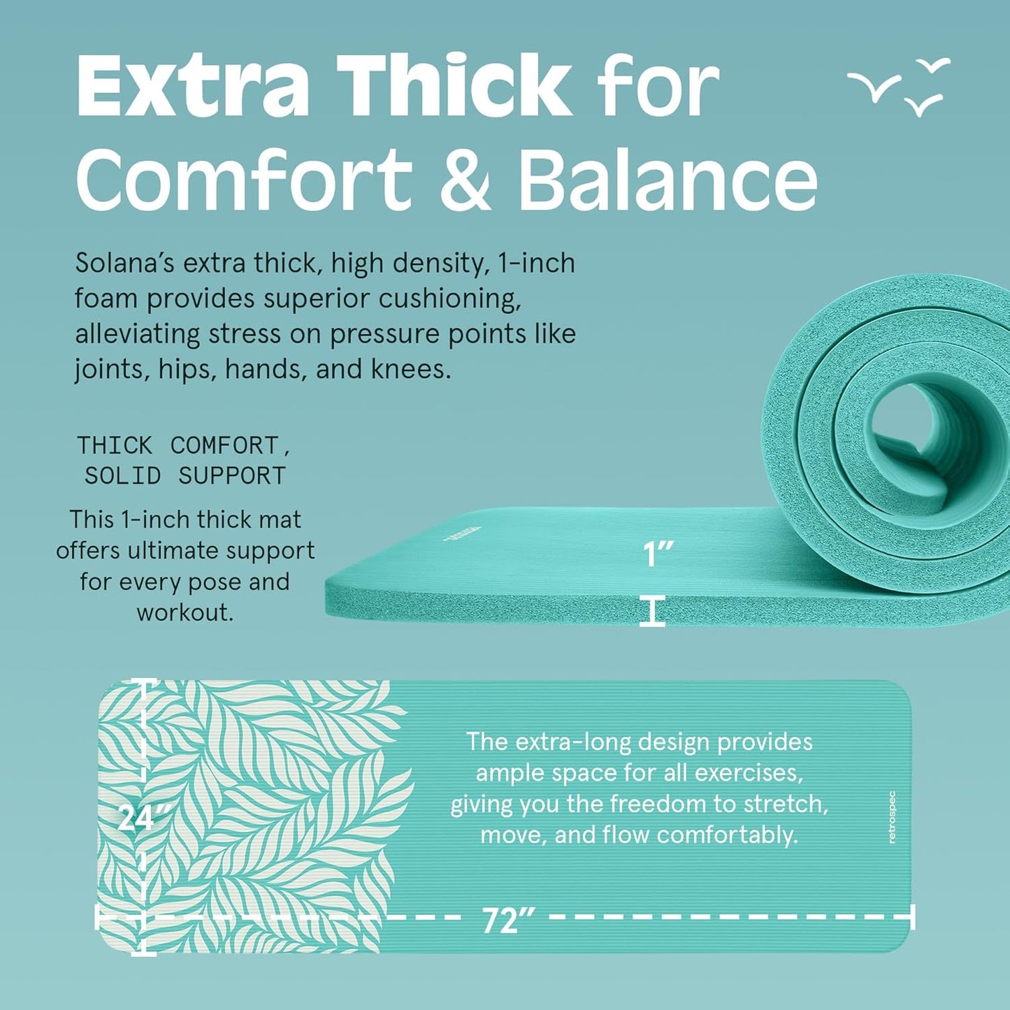Retrospec Solana Yoga Mat 1" Thick w/Nylon Strap for Men & Women - Non Slip Exercise Mat for Home Yoga, Pilates, Stretching, Floor & Fitness Workouts - Blue Lagoon