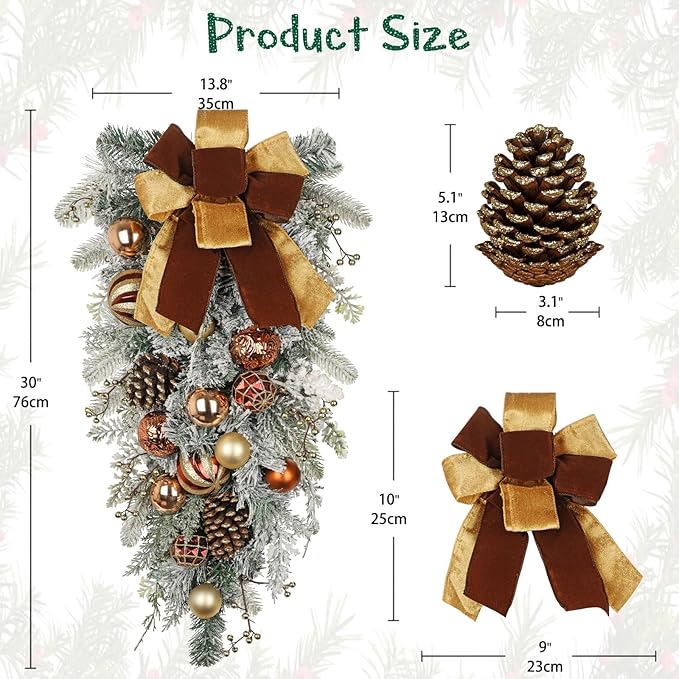 30" Christmas Teardrop Swag for Front Door Artificial Winter Swag Garland with Pine Cones, Berry Clusters, Bronze Ball Ornaments and Ribbons for Thanksgiving Holiday Christmas Decoration