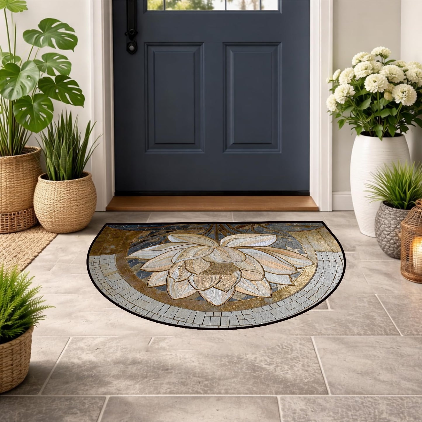 NYZE Semi Circle Door Mat Half Round Welcome Mat Non Slip Low-Pile Absorbent Half Circle Entryway Rug for Bathroom Bedroom Laundry Room(White Lotus, 24"×36")
