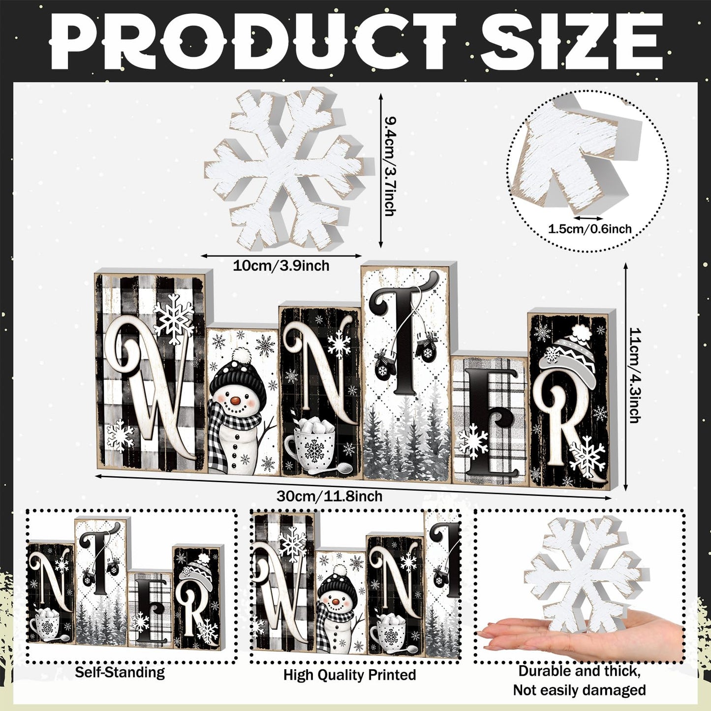 Yousoontic 2 Pcs Winter Table Decor Snowman Christmas Table Centerpieces Black and White Snowman Tiered Tray Decor Snowflake Block Signs Winter Decorations for Home Kitchen Office Shelf