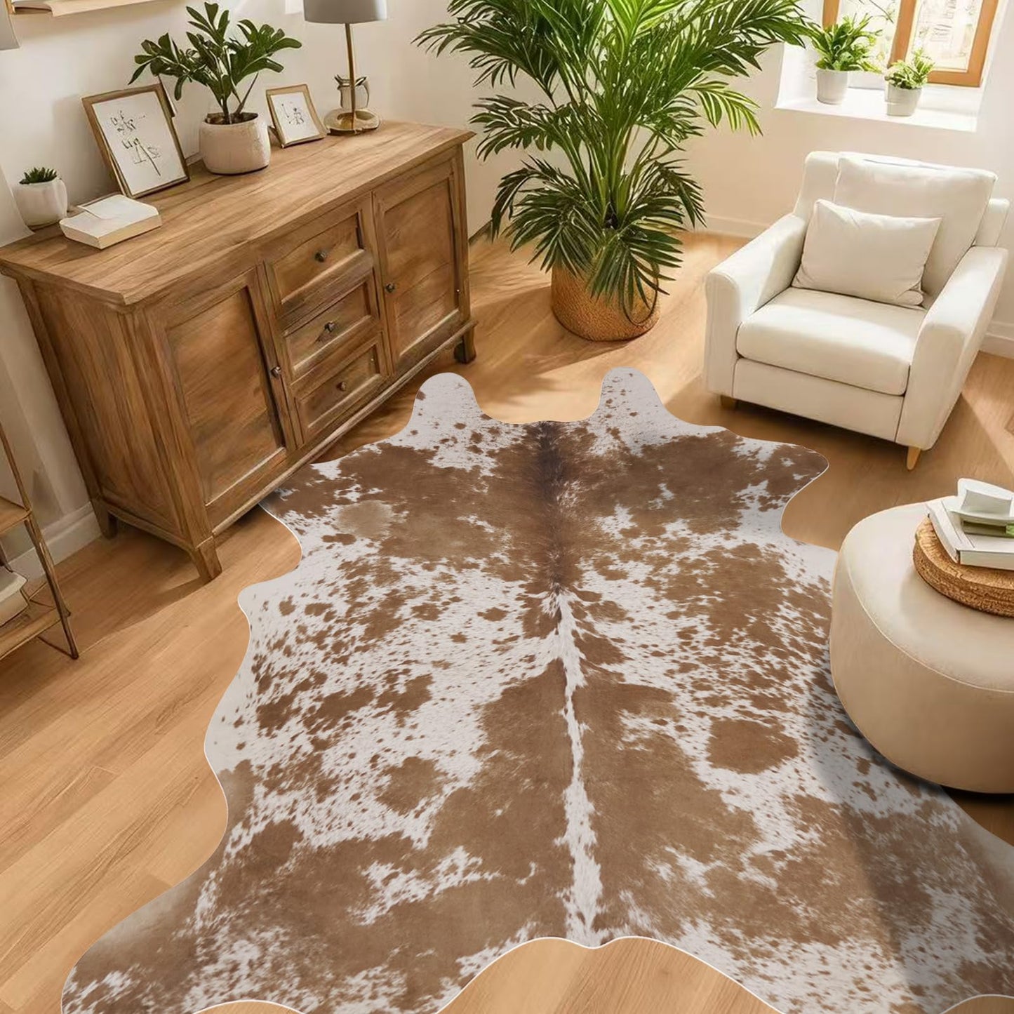 Faux Cowhide Rug 4.6x5.2 ft Cow Hide Faux Cowhide for Living Room Bedroom Dining Room Home Office Brown Cow Rug Carpet Western for Home Decor-NO Fur