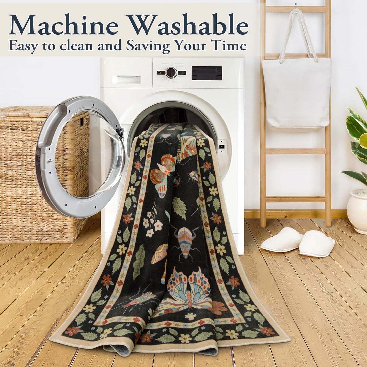 Lahome Insect Washable Rugs for Living Room, Soft Area Rug 6x9 Rug for Bedroom Ultra-Thin Non Slip Dining Room Rug, Stain Resistant Black Rug Large Carpet for Office Nursery Vionnet(6'x9',Black)