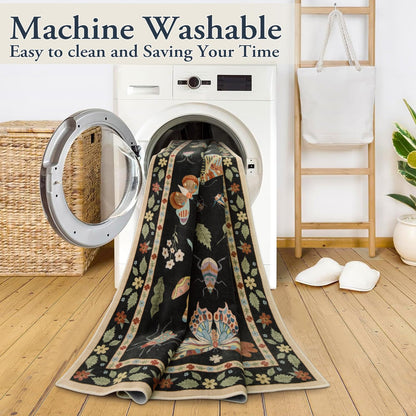 Lahome Insect Washable Round Rugs, Non-Slip Soft Round Rug 4ft Ultra-Thin, Small Boho Circle Carpet for Entryway Kitchen Bedroom Nursery Bathroom Vionnet, Black