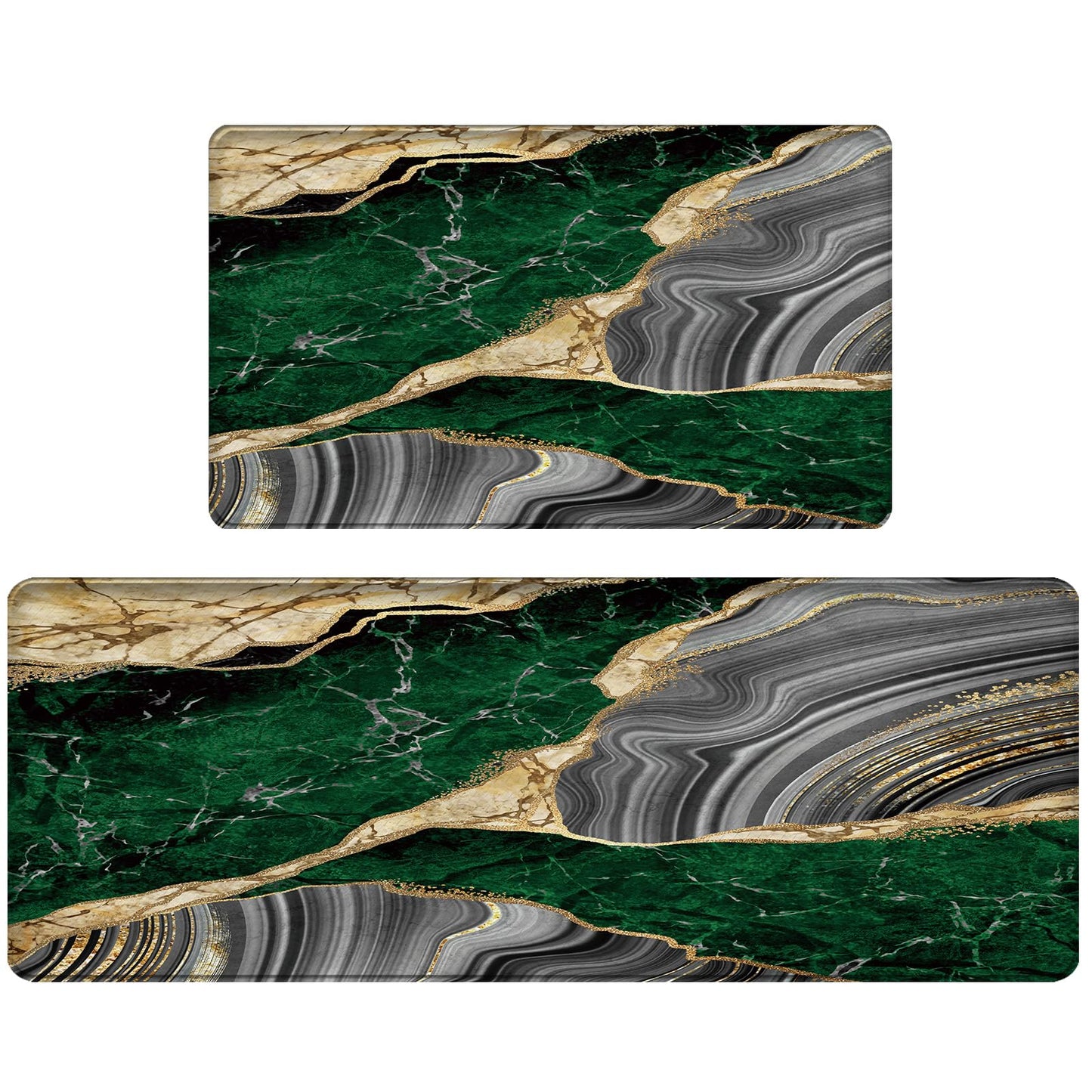Bulijojo Green Ink Abstract Marble Anti Fatigue Kitchen Floor Mats Set of 2 Waterproof Kitchen Sink Runner Rug Standing Mat Cushioned Kitchen Rugs Comfort Doormat 17"x47"+17" x30“