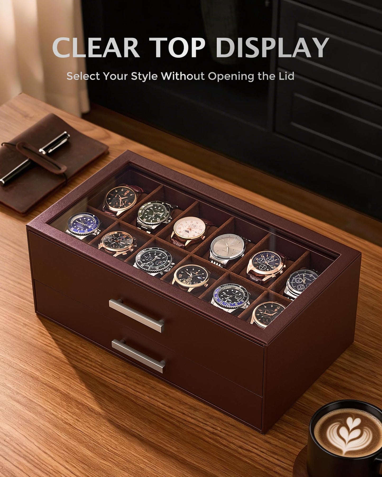 ProCase 12-Slot Watch Box, 2-Tier Pull-Out Drawers Display Case for Men, Fathers Day Gift for Dad Men with Clear Top Lid, Jewelry Sunglass Storage Organizer, Anniversary Birthday Gifts -Espresso