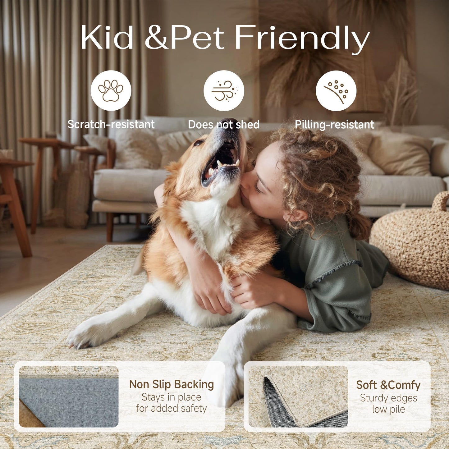 WondRg 8x10 Washable Area Rug for Living Room Bedroom Beige Low Pile Non Slip Rug Neutral Distressed Carpet Dining Room Classroom Playroom Home Decor