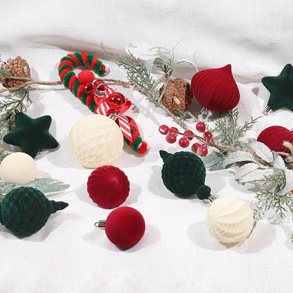 SY Super Bang 30PCS Velvet Christmas Ornaments Set, Flocked Shatterproof Assorted Hanging Xmas Tree Ball Decorations, for Home Party Holiday Decor, Coffee, Beige, Deep Green