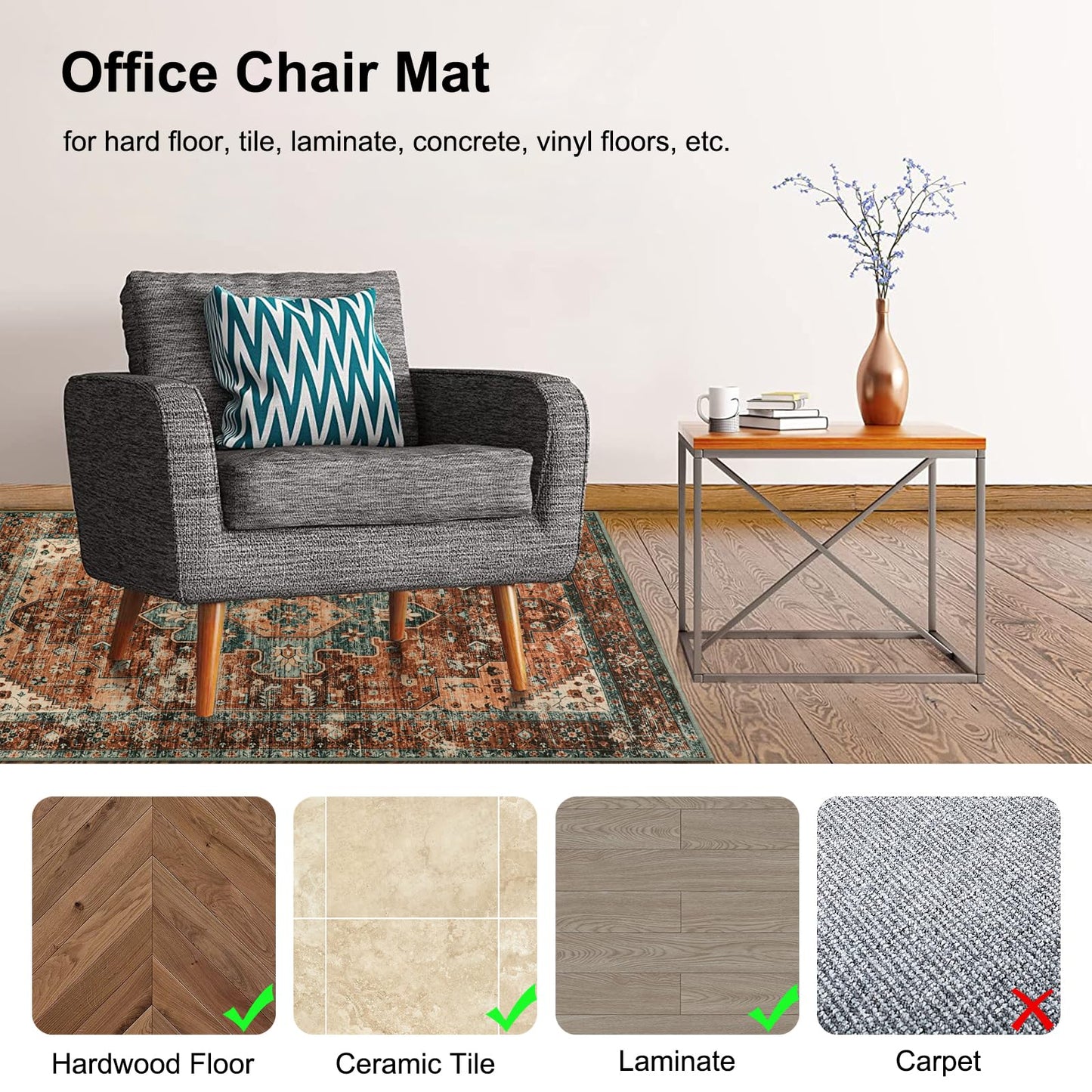Anidaroel Office Chair Mat for Hardwood Floor/Tile Floor, 48"x60" Desk Chair Mat for Hard Floors, Under Desk Rug Protector for Rolling Computer Gaming Chairs, Anti Slip Machine Wash Low Pile Carpet