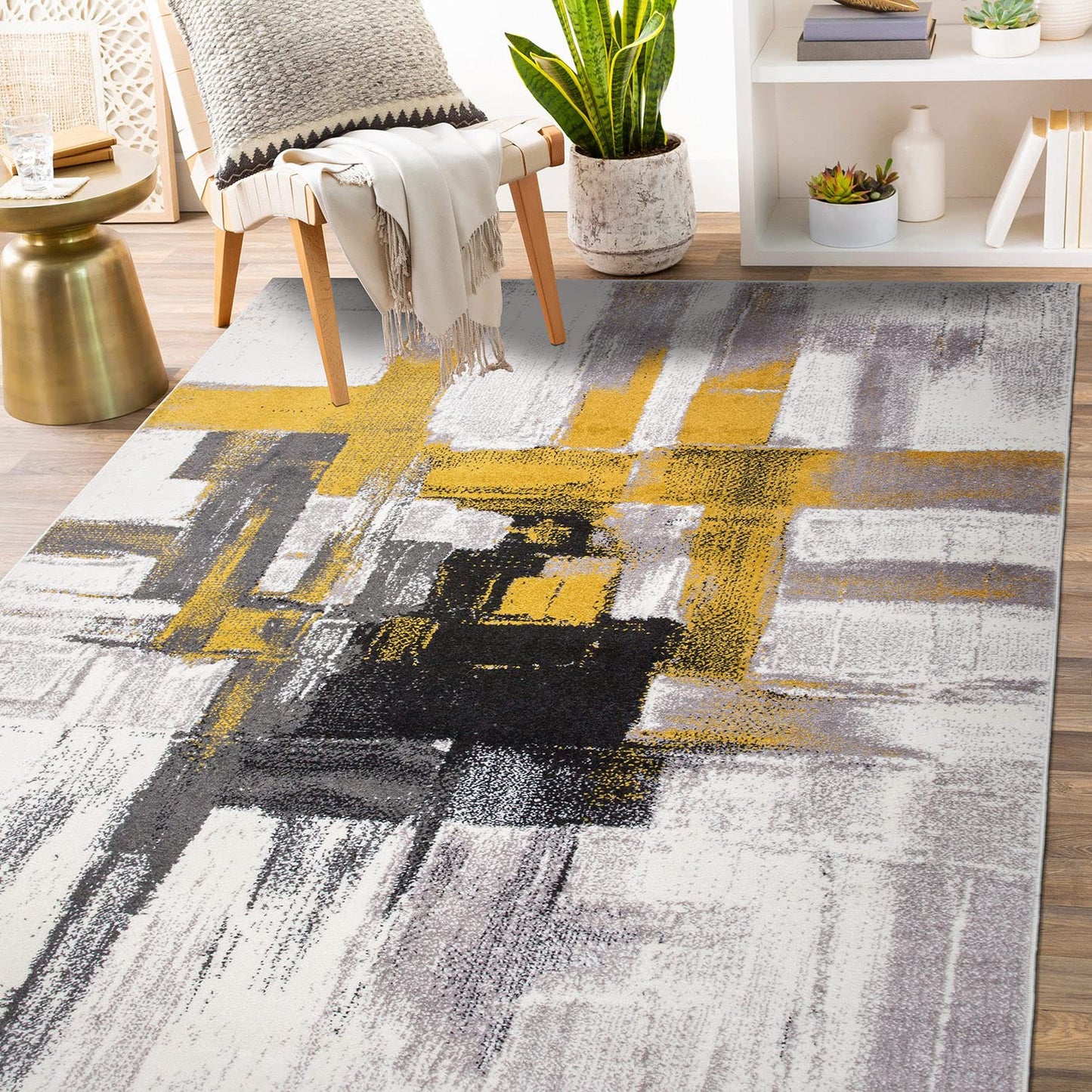 Rugshop Gold Modern Abstract Area Rug — Non-Shedding for Living Room, Dining Room and Office 6'6" x 9'
