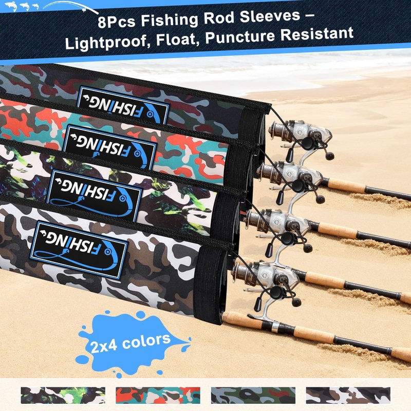 MONYES Neoprene Fishing Rod Sleeves for Casting, Spinning, Trolling Pole - Protective Cover Rod Sock with Hanging Loop & Lanyard- Floating, Puncture Resistant, Lightproof (65in, 8P)