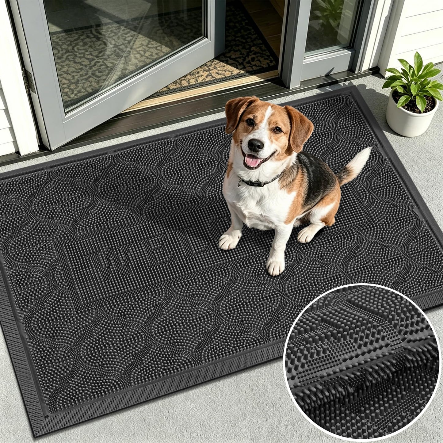 FRAMICS Front Rubber Door Mat Outside Entrance, 24x36 Doormat Heavy Duty Welcome Mat Dirt Trapping Non Slip Waterproof Door Mats for All Weather Patio Porch Garage Garden, Grey