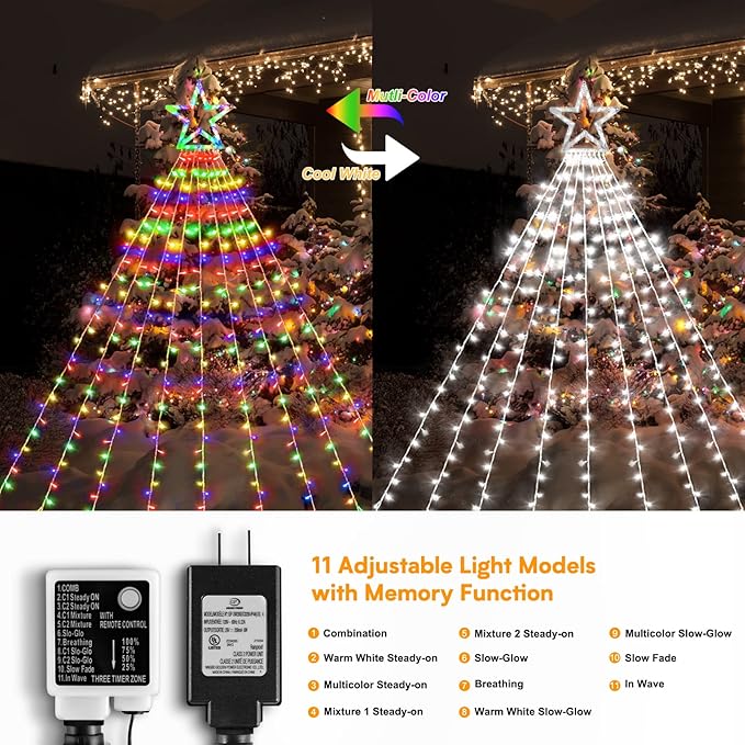 Christmas String Lights Outdoor Decoration 317 LED Star Fairy String Lights 11 Modes & Waterproof for Party Wedding Patio Yard New Year Holiday Indoor Outdoor - Cool White + Multi-Colored