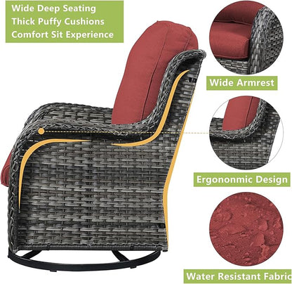 Rilyson Patio Chairs Rocking Swivel Chiar - 3 Piece Outdoor Wicker Patio Bistro Set Rattan Rocker Glider Chairs with High Back and Deep Seating for Outside Porch Deck Garden(Mixed Grey/Red)