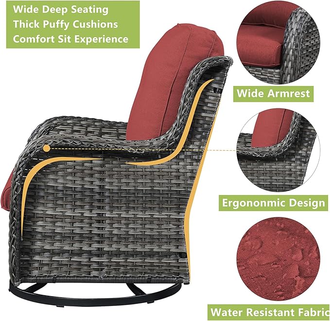 Rilyson Wicker Patio Furniture Set - 6 Piece Rattan Outdoor Sectional Conversation Sets with 2 Swivel Rocking Chairs,2 Ottomans,1 Loveseat and 1 Coffee Table for Porch Deck Garden(Mixed Grey/Red)