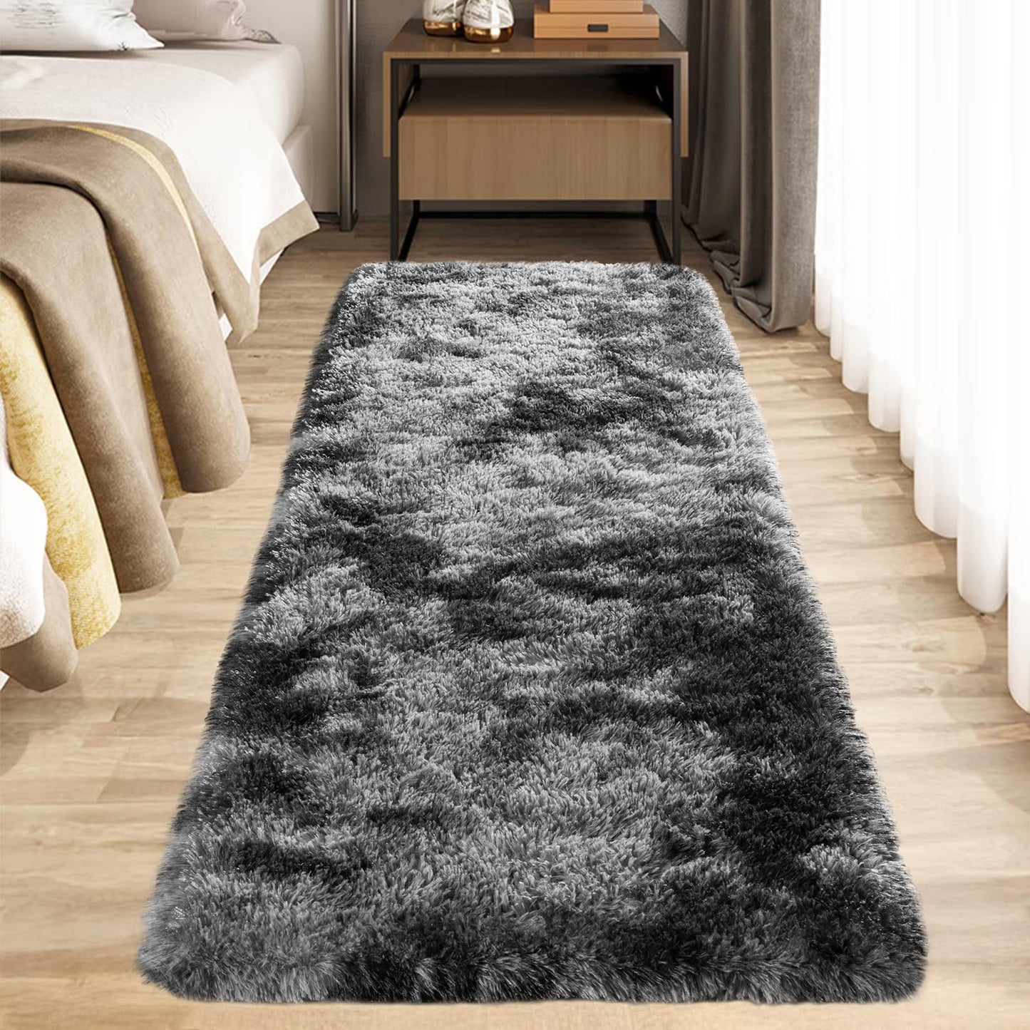 Zentavio Runner Rugs for Hallway 2x6 Shag Soft Bedroom Bedside Rugs Non Slip Fluffy Carpet for Kids Girls Boys Home Decor Aesthetic Dorm Nursery Tie-Dyed Black Grey