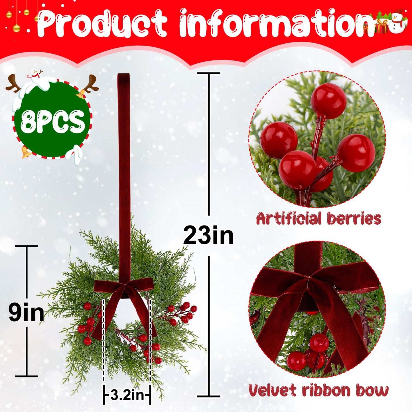 8Pcs Small Christmas Wreaths for Kitchen Cabinets - 9 Inch Mini Wreaths for Cabinets with Berry and Ribbon, Artificial Farmhouse Wreath Hanging Wreaths for Fireplace Front Door Chair Window Porch Wall