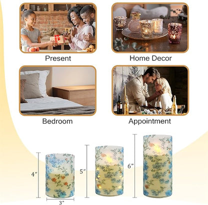 Printed Flameless Candles with String Lights - Set of 3 Battery Operated Candle Flickering Floral LED Pillar Candles with Timer Remote for Home Decor Romantic Ambiance,LT