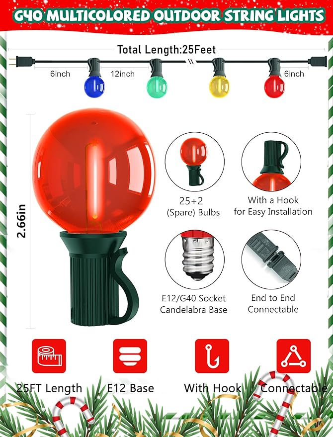 25Ft LED Christmas Outdoor String Lights, G40 Globe Lights with 27 0.6W Clear Multicolor Bulbs, Vintage Christmas Lights for Holiday Party Backyard Wedding Garden Patio Porch Decor, Green Wire