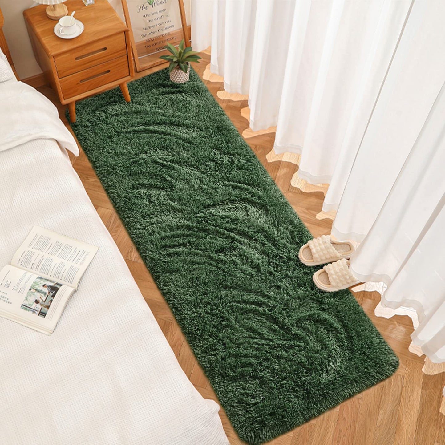 DweIke Fluffy Dark Green Runner Rugs for Bedroom, 2x6 Feet Soft Plush Long Runners for Girls Boys Kids, Non-Slip and Machine Washable Bedside Rug, Small Throw Carpet for Hallway Rooms Decor