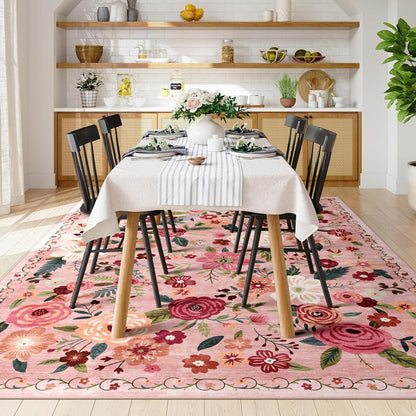 8x10 Washable Area Rug for Living Room, Floral Non-Slip Non-Shedding & Easy Care, Large Soft Low Pile Indoor Floor Carpet for Living Room, Bedroom, Farmhouse, Dining Room, Kids Playroom, Pink