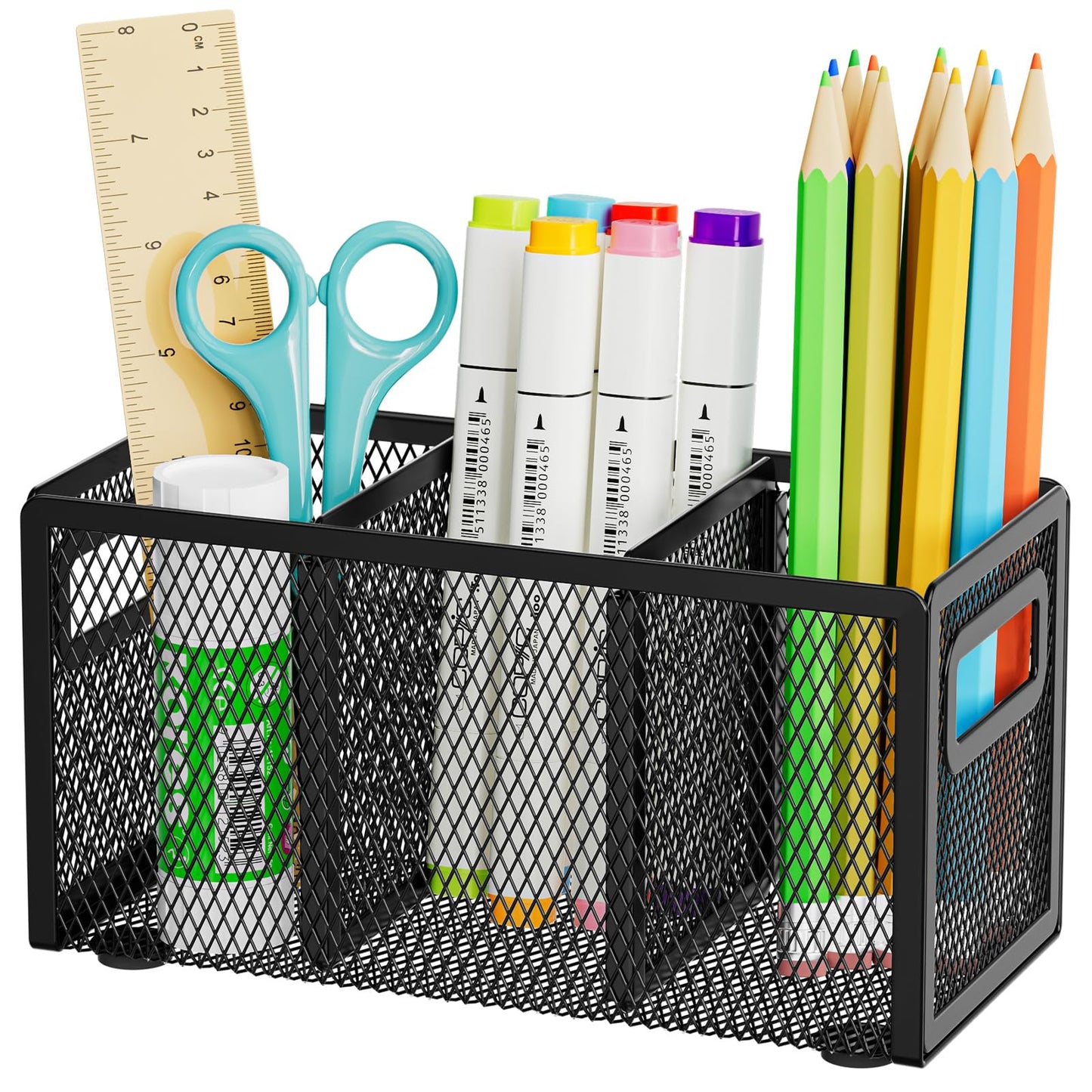 Marbrasse Mesh Pen Holder for Desk,Pencil Holder Desk Organizer 3 Adjustable Compartments,Pencil Cup with Handle Perfect for Classroom, Office, Home,Makeup,Art (Black)