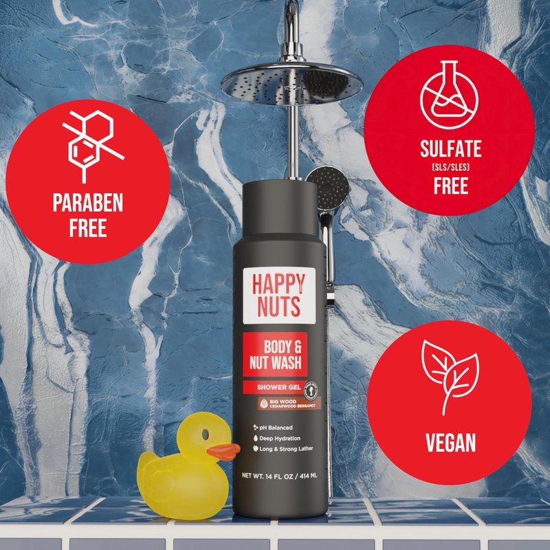 HAPPY NUTS Big Wood Body and Nut Wash - Moisturizing Men's Shower Gel, Bodywash with Deep Cleanse for Sensitive Skin - Men's Body Soap