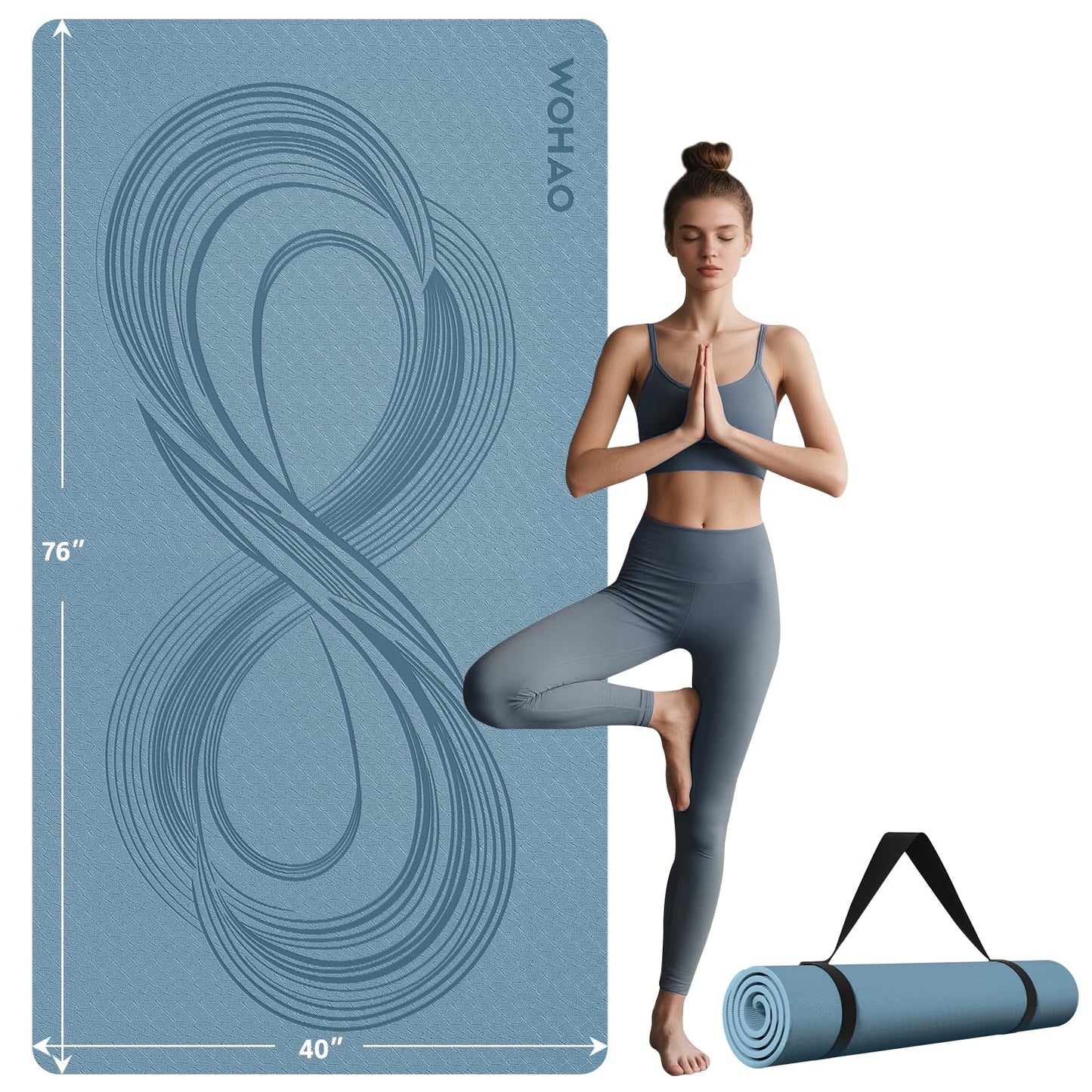 WOHAO Large 76"x40"x0.4" Yoga Mat - Extra Width & Thick Non-Slip Exercise Mat, Versatile for Stretching, Yoga Studio, Gym, Home & Indoor/Outdoor Workouts (Blue Grey)