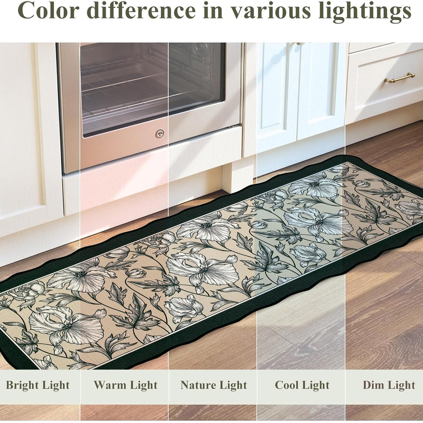 Brevoscht Scalloped Black Kitchen Rug Sets of 2, Non Slip Washable Kitchen Mats for Floor, Floral Comfort Standing Mat for Hallway Sink Laundry Office 16.5x29.5 and 16.5x47 Inch
