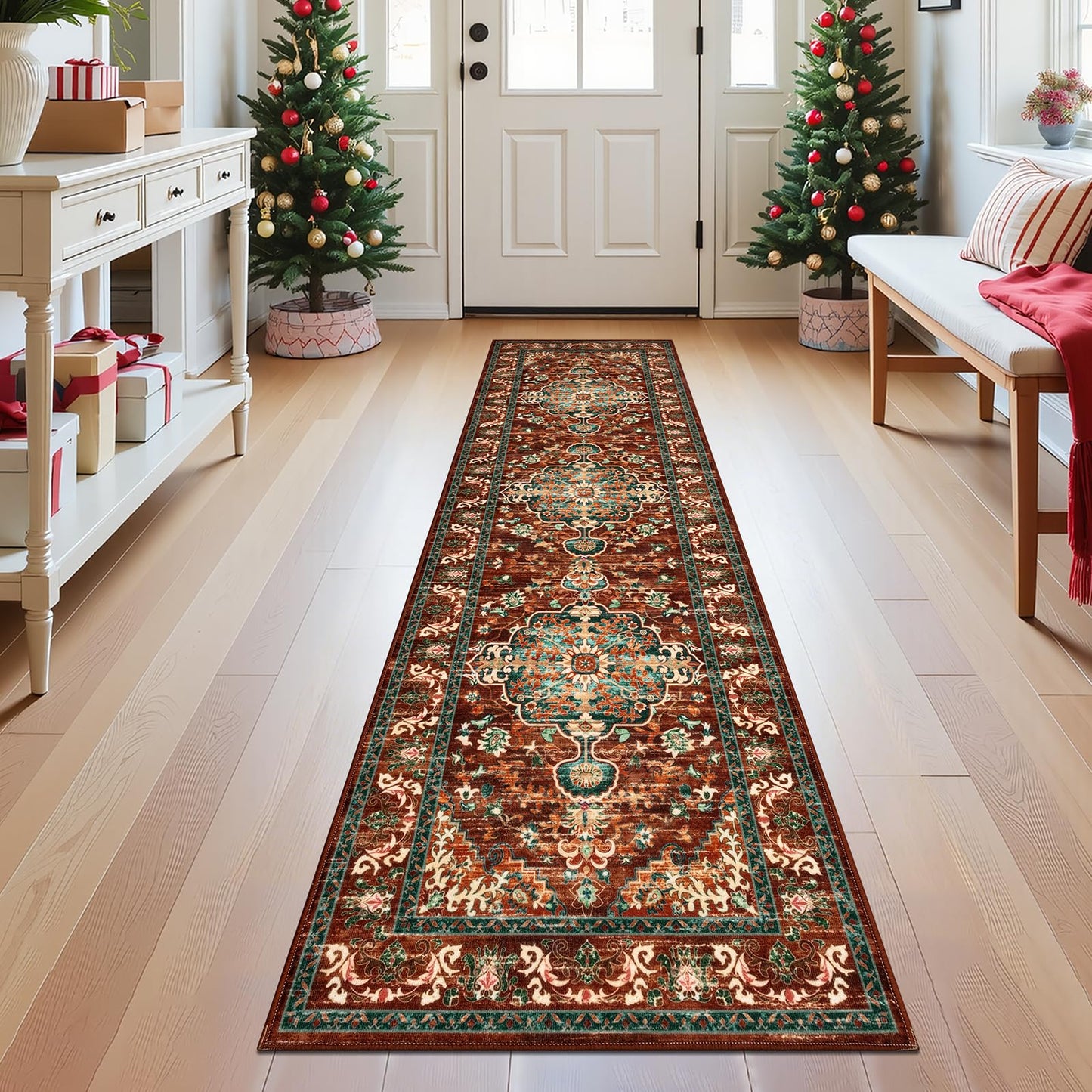 U'Artlines 2' x 8' Boho Hallway Runner Rug, Non Slip Washable Vintage Farmhouse Accent Area Rug Carpet for Kitchen Entryway Laundry and Living Room (Rust＆Teal)
