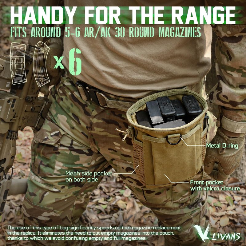 LIVANS Tactical Molle Dump Pouch, Magazine Recovery Pouch Drastring Ammo Bag Belt Utility Fanny Adjustable Military Holster Bag Outdoor for Airsoft Paintball Hunting Gear with D-Ring Grimlock