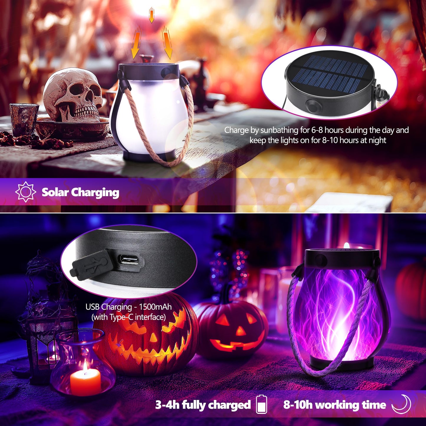 Jyoiat Solar Flame Lantern Hanging Outdoor Waterproof Purple - 2 Pack Flame Lanterns with Dual Charging Modes of Solar & USB for Garden or Yard Decorations (Purple - 2 Pack)