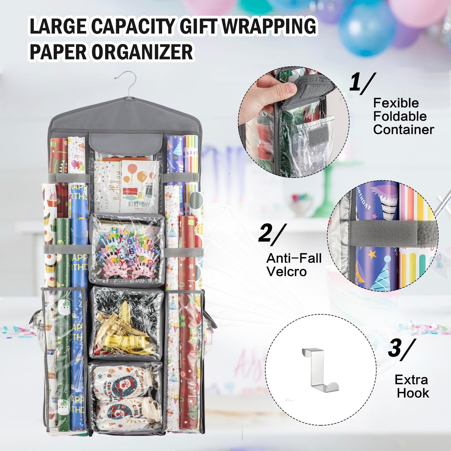 EOLIMEX Christmas Wrapping Paper Organizer Storage, Hanging Gift Bag Storage Organizer, Double-Sided Wrapping Paper Holder Storage - Grey