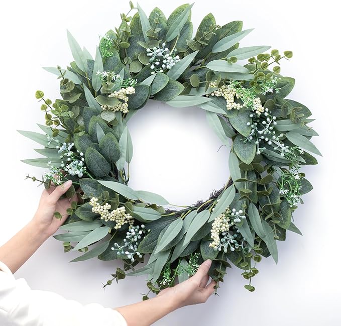 Eucalyptus Wreaths 22" Large Artificial Greenery Outdoor/Indoor Wreath Spring/Summer Wreath Green Wreaths for Front Door Porch Window Wall Hanging Decor All Year Round Wre-ath（Green）