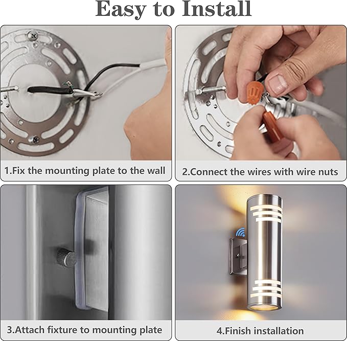 SHIMR Dusk to Dawn Outdoor Wall Light, Exterior Light Fixture Stainless Steel, Outdoor Sconce Lights Cylinder, Waterproof Up and Down Light Wall Mount Electroplated Silverl Finsh, LED Bulbs Include