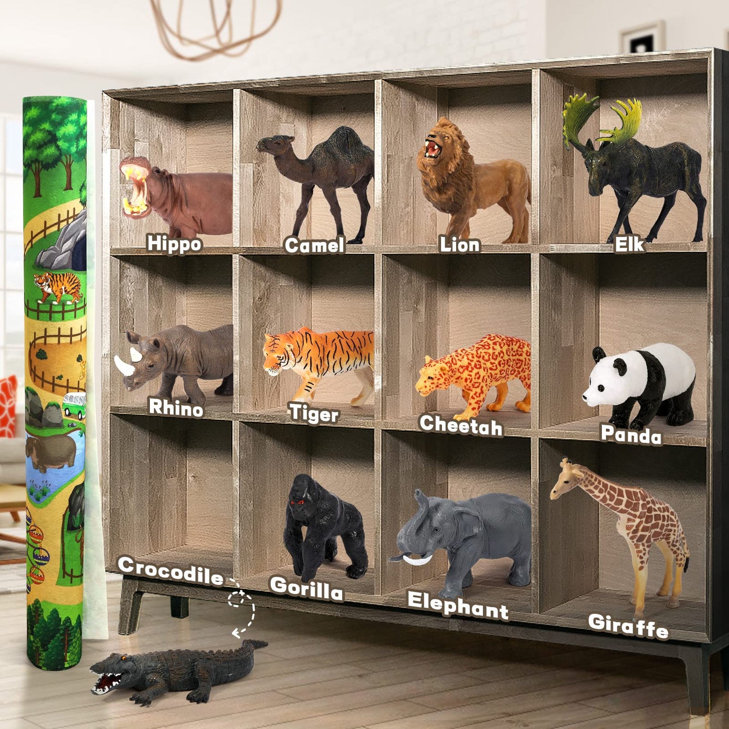 FRUSE Safari Animals Figures Toys w/ 57”x38.5”Jumbo Play Mat,12PCS Realistic Jungle Wild Zoo Animals Figurines Playset with Panda,Lion,Elephant,Educational Learning Toys for Toddlers Kids