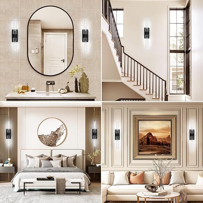 Modern Wall Sconces, Bathroom Wall Sconce, 22.8" Black Wall Lamps, 2-Light Dimmable Sconces Wall Lighting with Glass, Vanity Light Tube Sconce for Bedroom Living Room, Hallway