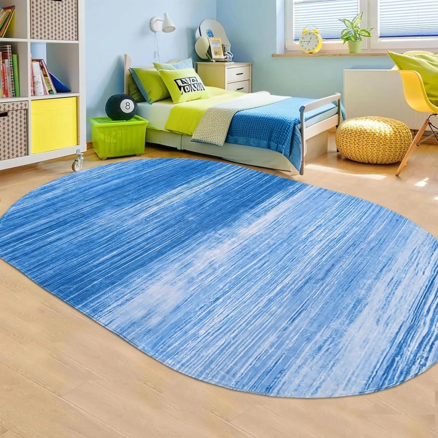 USTIDE Modern Blue Area Rug Oval 4'x6' Washable Ombre Oval Rugs for Bedroom Non-Slip Living Room Throw Carpet Comfy Indoor Floor Mat for Kids Room Children Playroom