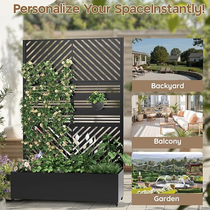 Metal Raised Garden Bed with Trellis & Wheels,72" x 47"x 15.7" Planter Box with Trellis,Privacy Planters for Patio,Garden Bed for Climbing Plants,Suitable for climbing plants and vegetables,Black