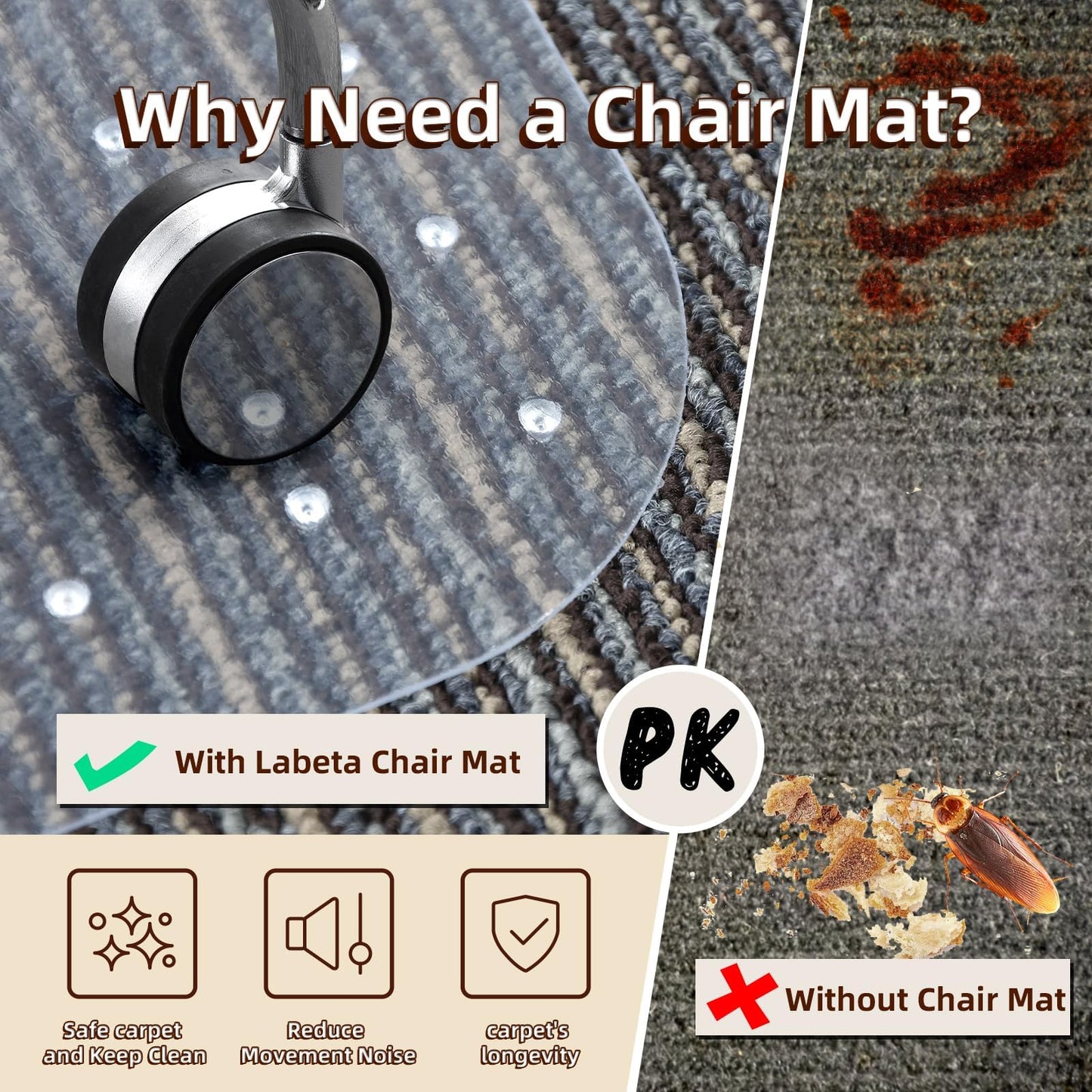 Lebata Office Chair Mat for Carpet Floor, 48" x 65", Slip Resistant Heavy Duty Under Desk Protector for Low Pile Carpets, Rolling Computer Mat with Studs for Home