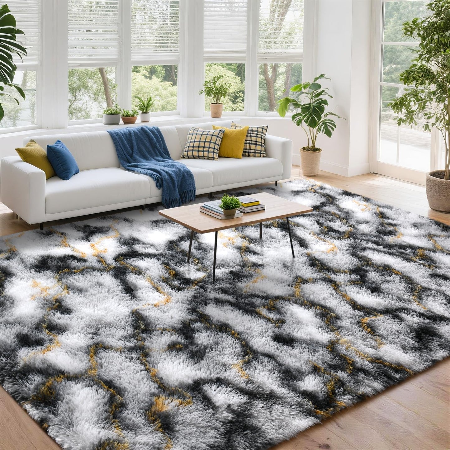 DweIke Fluffy Black White Gold Rugs for Bedroom Living Room, 4x6 Feet Soft Plush Shaggy Tie-Dyed Girls Boys Kids Rug, Upgraded Non-Slip and Machine Washable Carpet for Dorm Nursery Classroom Decor